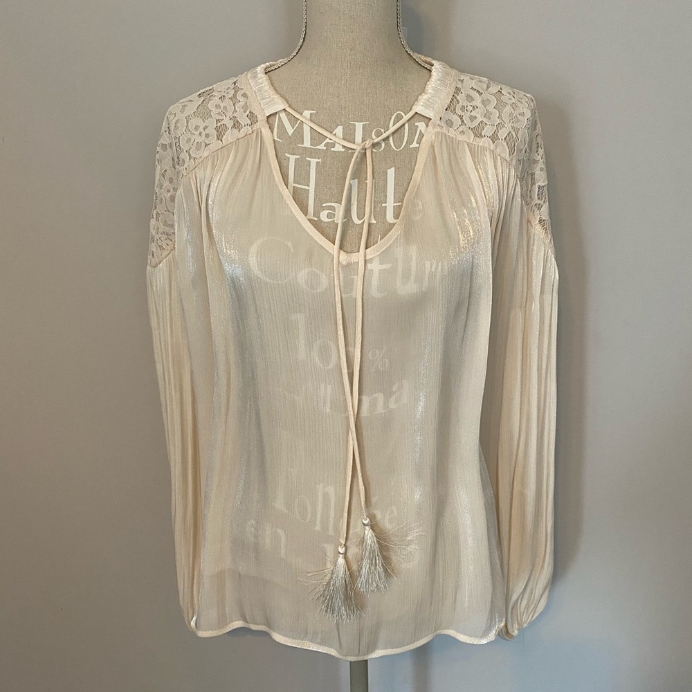 AEOM Cream High-Sheen Lace Blouse – Women’s Large – Long Sleeve Shimmer Top